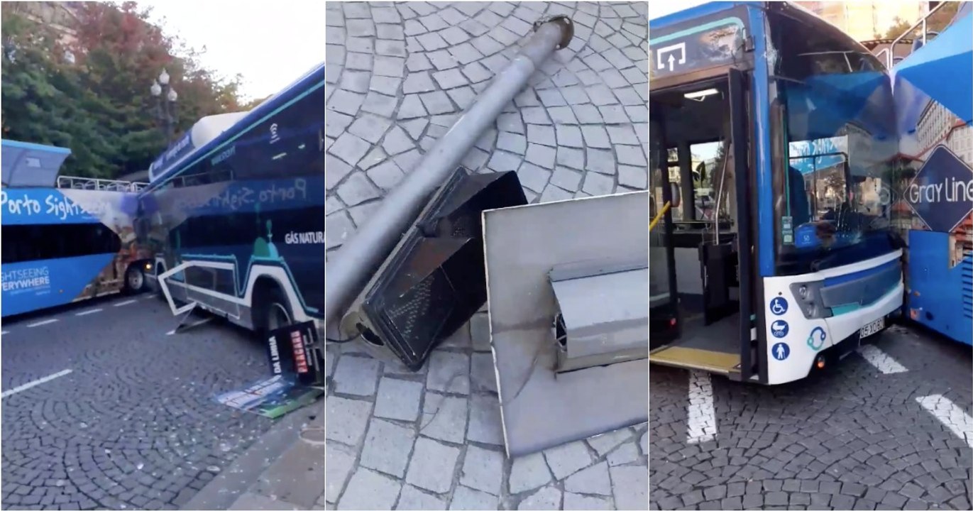 Autocarro da STCP desgovernado atravessou Aliados e bateu em autocarro turístico