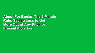 About For Books  The 3-Minute Rule: Saying Less to Get More Out of Any Pitch or Presentation  For