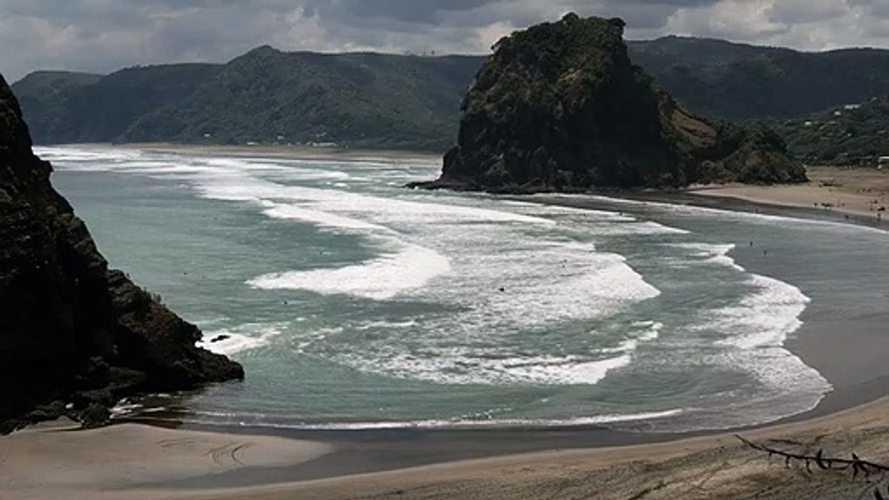 Big beach and lion shaped rock in New Zealandnatural beautiful royalty Free Stock no copyright video Free for commercial use dron dron aerial view