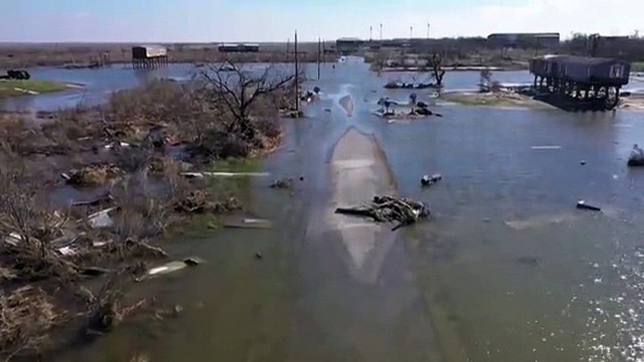 Drone footage over Louisiana shows high-water Delta storm damage