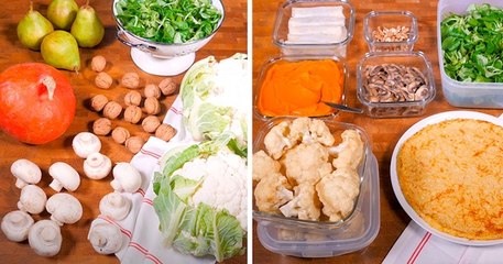 Passez moins de 2 heures en cuisine pour concocter votre menu de la semaine : cake potimarron, croque poires gorgonzola, riz de chou-fleur...