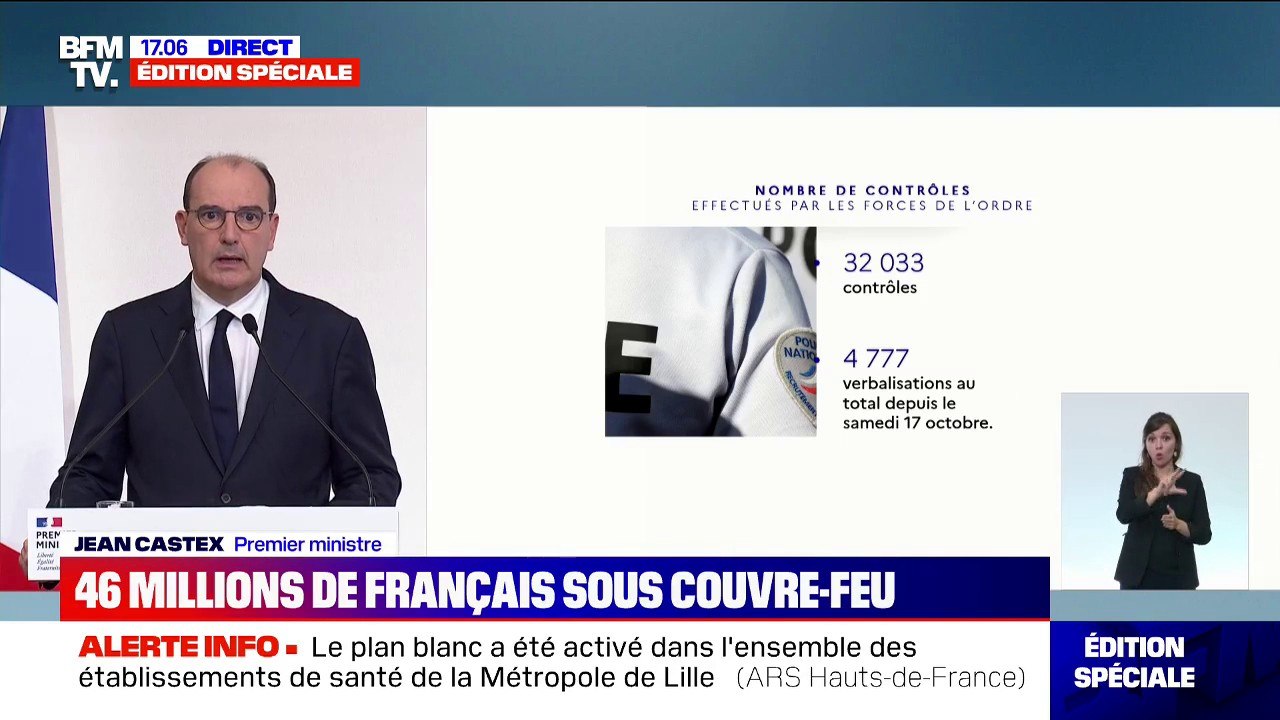 Les forces de l'ordre ont procédé à 32.033 contrôles et 4777 verbalisations au total depuis le 17 octobre, selon Jean Castex