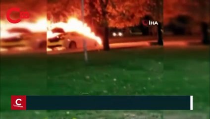 Lüks otomobilin alev topuna döndüğü anlar kamerada