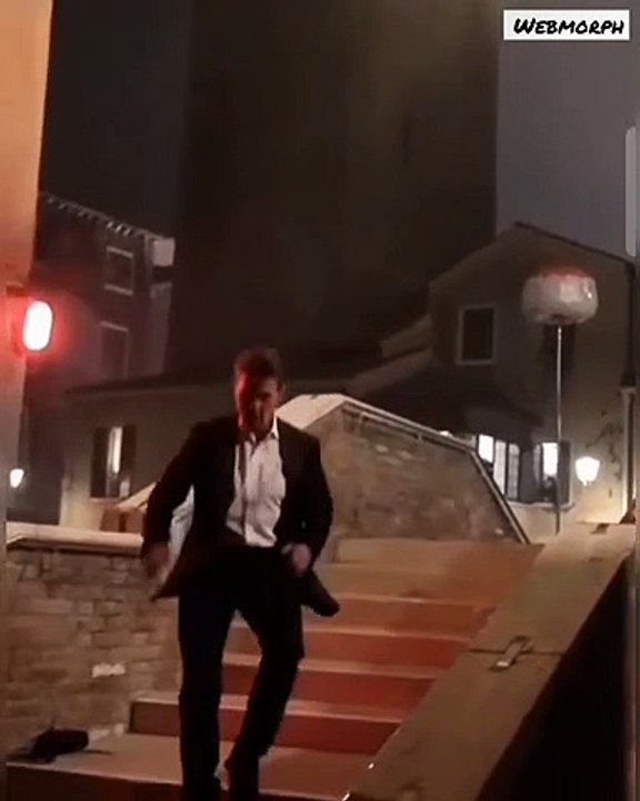 Tom cruise in a running scene on the set of Mission Impossible 7