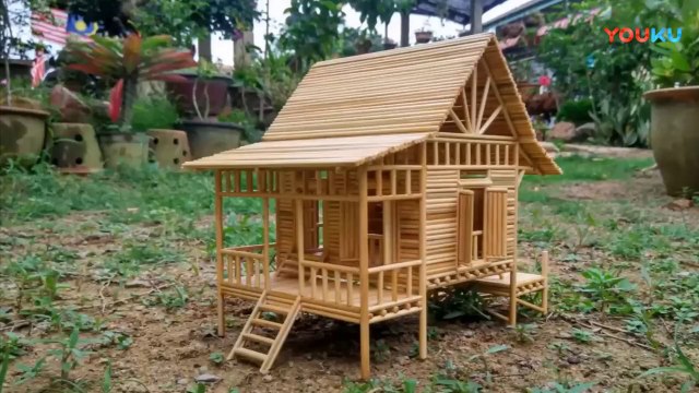 A simple wooden house made of bamboo poles, #very_charming, simple and generous