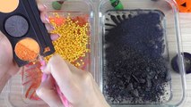 HALLOWEEN BLACK vs ORANGE SLIME Mixing makeup and glitter into Clear Slime Satisfying Slime Videos