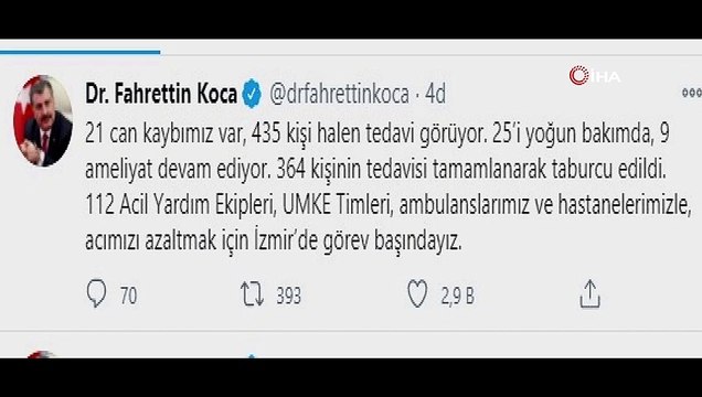 Bakan Koca: '21 can kaybımız var, 435 kişi halen tedavi görüyor. 25’i yoğun bakımda, 9 ameliyat devam ediyor. 364 kişinin tedavisi tamamlanarak taburcu edildi'
