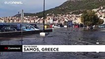 Water floods streets of Greek island of Samos after earthquake