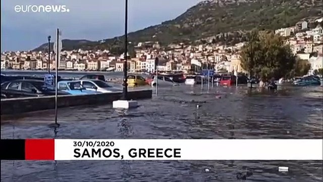Water floods streets of Greek island of Samos after earthquake
