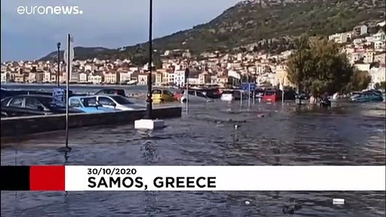 Water floods streets of Greek island of Samos after earthquake