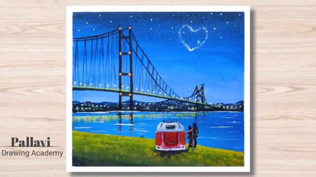 How to draw beautiful night painting with bridge __ golden gate bridge __ Pallav
