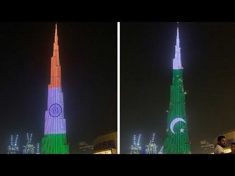 Pakistani & Indian Flags Displayed on Burj Khalifa Dubai - August 2019