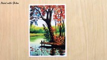 Acrylic painting of Autumn season landscape painting with flower tree