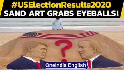 US Election results 2020: Sudarsan Pattnaik’s sand art on US elections grabs attention|Oneindia News