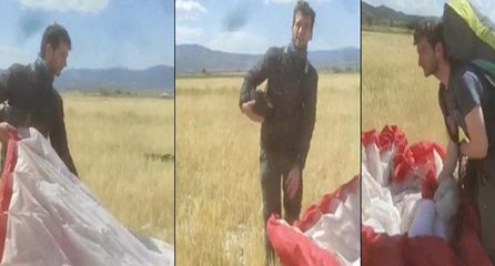 Kanadalı paraşütçü ekili tarlaya indi, çiftçinin sözleri gülmekten kırdı geçirdi