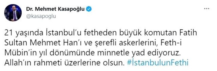 Bakan Kasapoğlu'ndan İstanbul'un fethinin yıl dönümüyle ilgili paylaşım