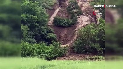 Ağaçları yerinden söktü! Heyelan anları kamerada