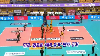 머리로 받고, 뒤로 치고…배구 코트 위 묘기 행진