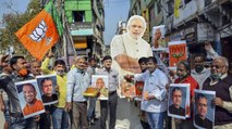 Excited BJP supporters gather outside party office