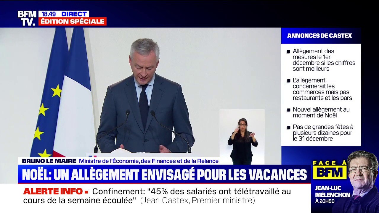 Bruno Le Maire appelle les bailleurs à "renoncer à leur loyer du mois de novembre pour les commerces jusqu'à 250 salariés et qui sont fermés"
