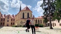 Three Guys Jump Together Over Diabolo and Skipping Rope Simultaneously
