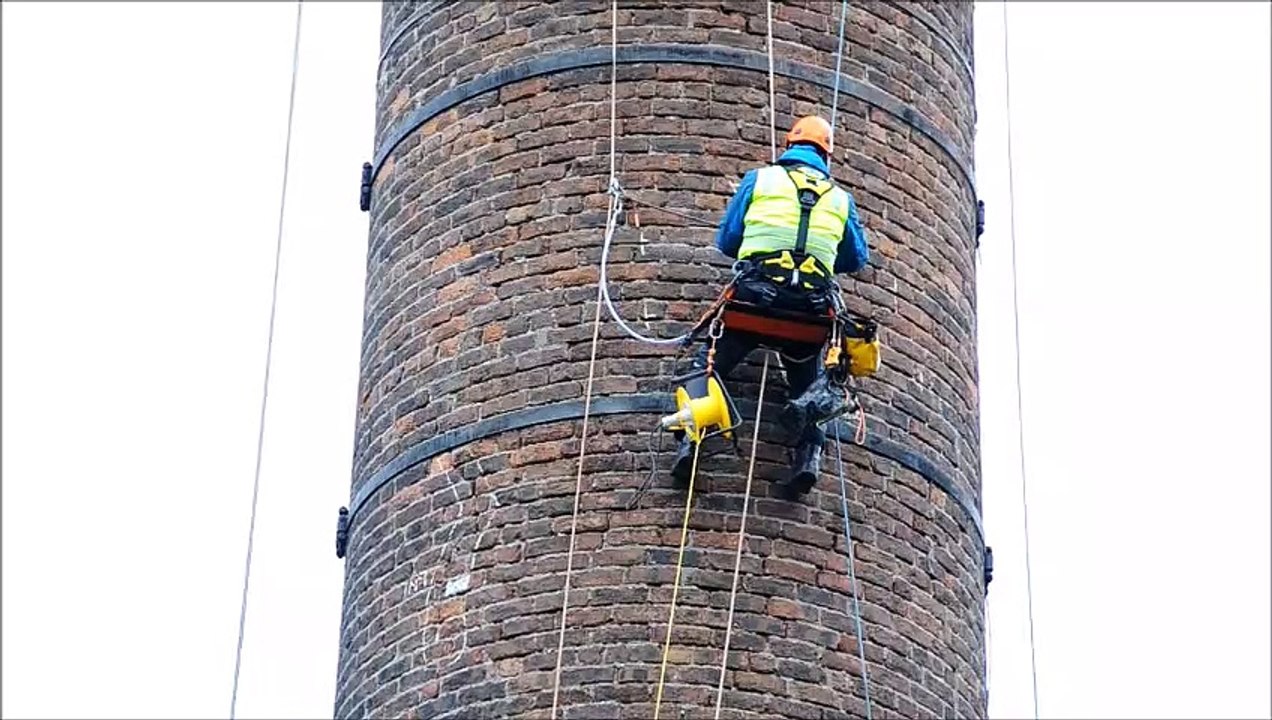 Rosebank Distillery chimney undergoing repairs by rope access part of restoration and reopening of the distillery due summer 2021 