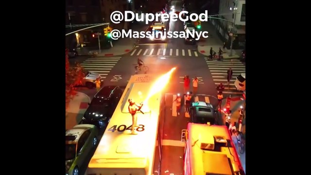 Man blasts flamethrower from a MTA Moving Bus in Brooklyn NYC