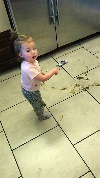 Little Girl Denies Messy Floor Finger Painting
