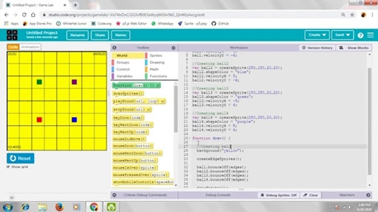 How to make bouncing ball animation in code.org(gamelab)