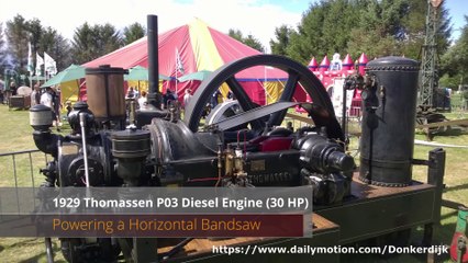A 1929 Thomassen P03 engine (30 HP) powering a horizontal bandsaw cutting through oak wood