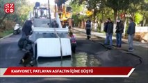 Asfalt patladı, içine kamyonet düştü