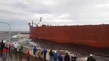 how world biggest ship cross near the sea shore in america