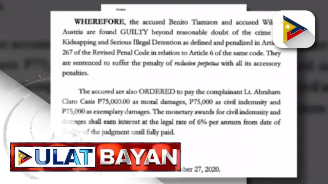 Mag-asawang Tiamzon, guilty sa kasong kidnapping at serious illegal detention; Reclusion perpetua at pagbabayad ng danyos, parusang ipinataw sa kanila
