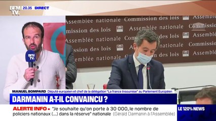 Pour Manuel Bompard, les positions de Gérald Darmanin sont "contradictoires avec ce qu'il y a dans le texte de loi sur la sécurité globale"