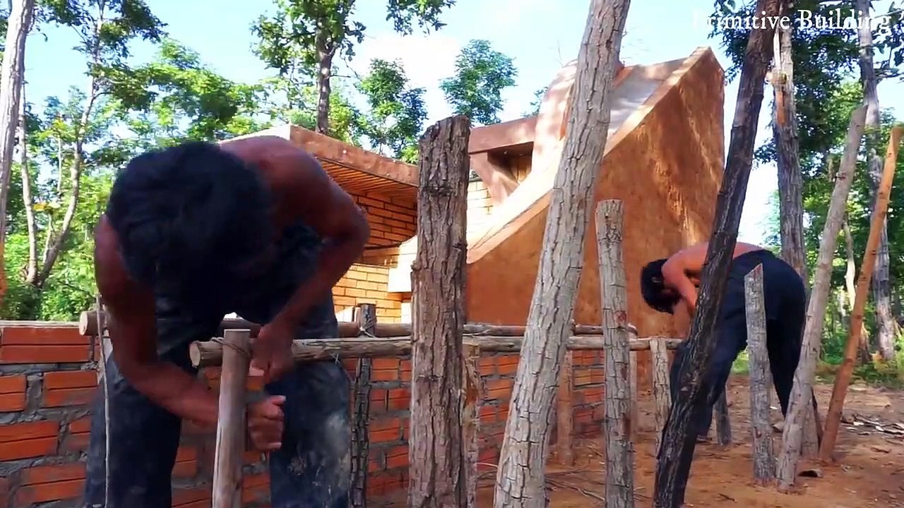 Creating Water Slide Park Into brick Swimming Pool On Modern Villa House By wooden brick