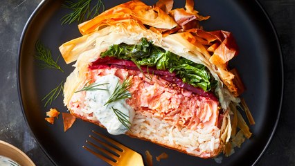 Kelsey's Youngman's Coulibiac of Salmon with Pickled Beets and Kale