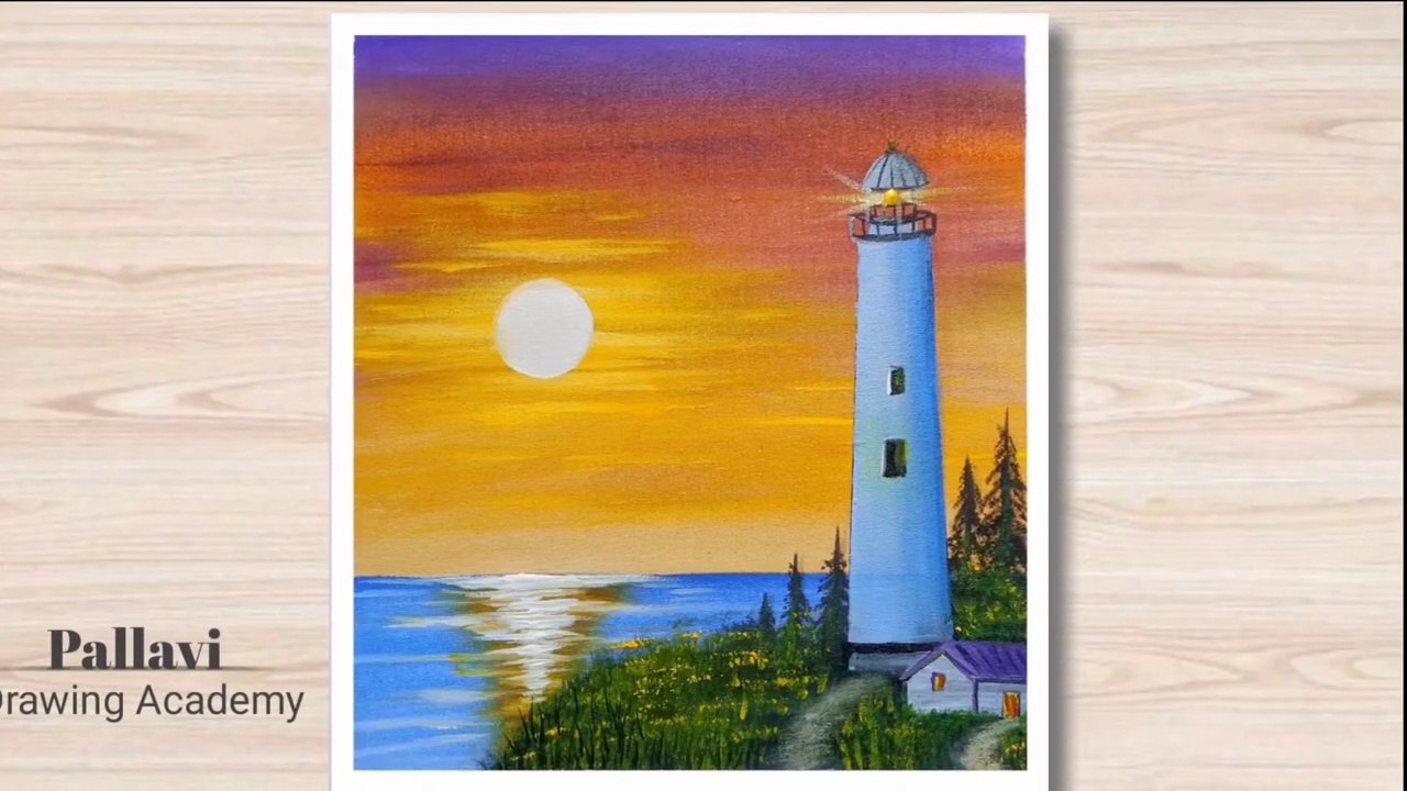How to draw beautiful light house step by step for beginners __ Pallavi Drawing