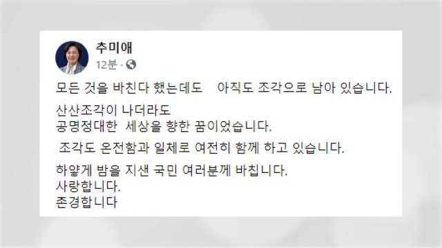 추미애, 사의 표명 뒤 첫 입장 표명... 공명정대 세상 향한 꿈 / YTN