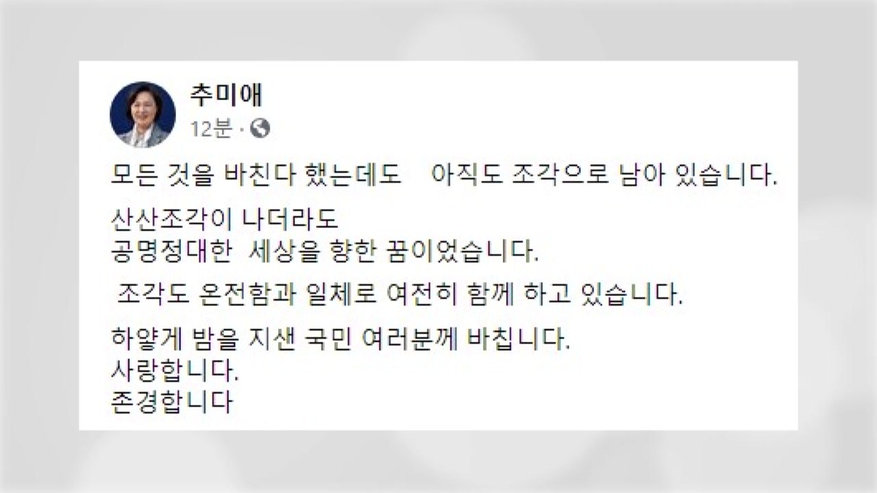 추미애, 사의 표명 뒤 첫 입장 표명..."공명정대 세상 향한 꿈" / YTN