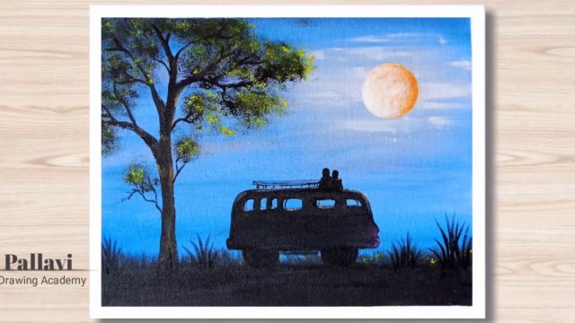 How to draw beautiful moon night painting with van and Love couples __ Pallavi Drawing Academy __
