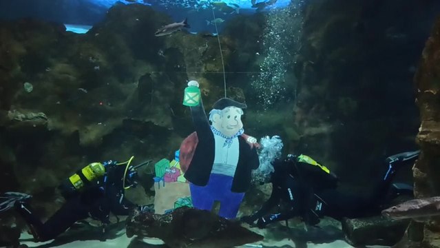 Buzos colocan a Olentzero con los tiburones del Aquarium
