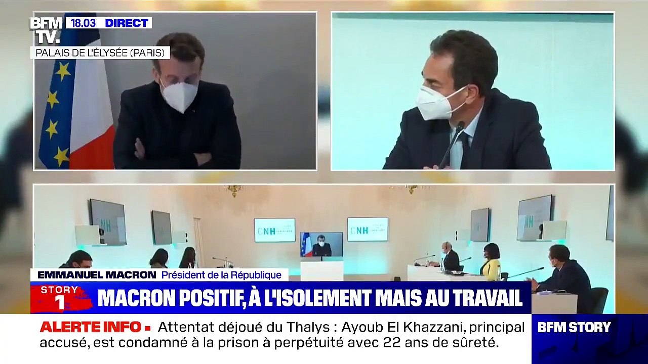 URGENT - Voici la première image du Président de la République, Emmanuel Macron, depuis l'annonce de son test positif ce matin dans une visioconférence à 18h