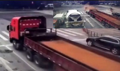 El camión que frena en seco y es 'decapitado' por la plancha de hierro que lleva en la caja