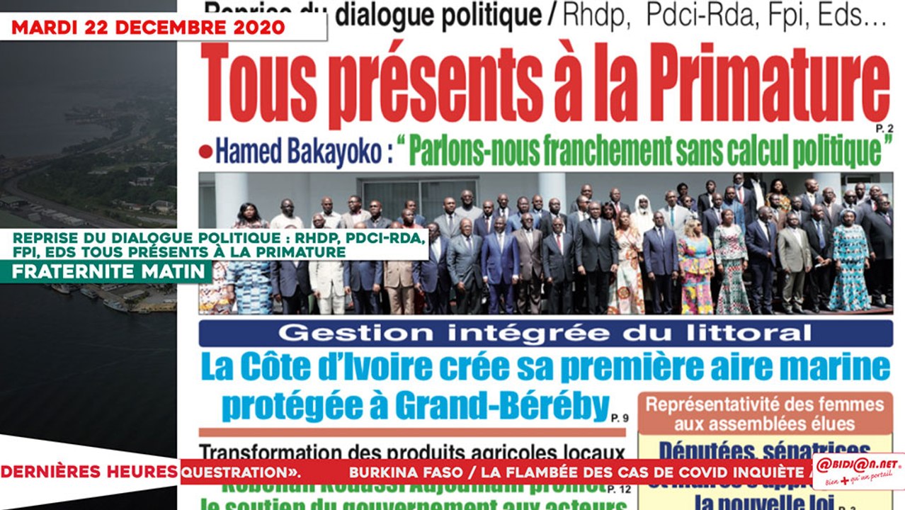 Le Titrologue du 22 Décembre 2020 -Reprise du dialogue politique - RHDP, PDCI-RDA, FPI, EDS tous présents à la primature