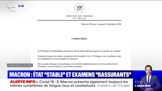 Covid-19: l'état de santé d'Emmanuel Macron est stable et ses examens se sont révélés rassurants