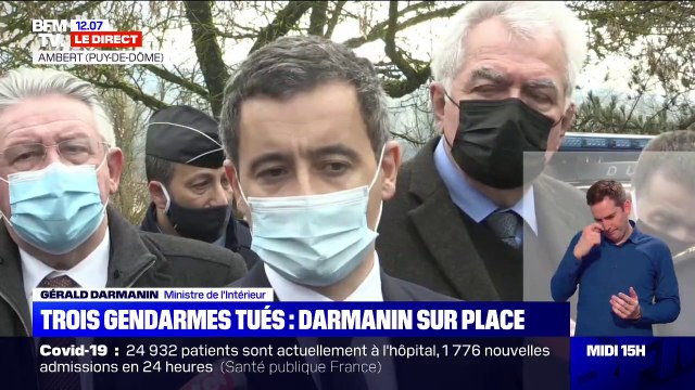 J'ai une pensée particulière pour les quatre orphelins et pour les veuves : Gérald Darmanin est dans le Puy-de-Dôme où trois gendarmes ont été tués par un forcené