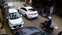 Car Reverses Right over Parked Motorcycles