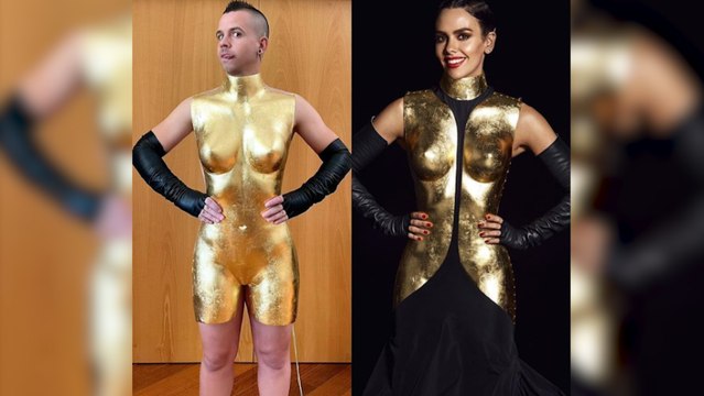 David Muñoz posa con el vestido de Cristina Pedroche de las Campanadas de 2019
