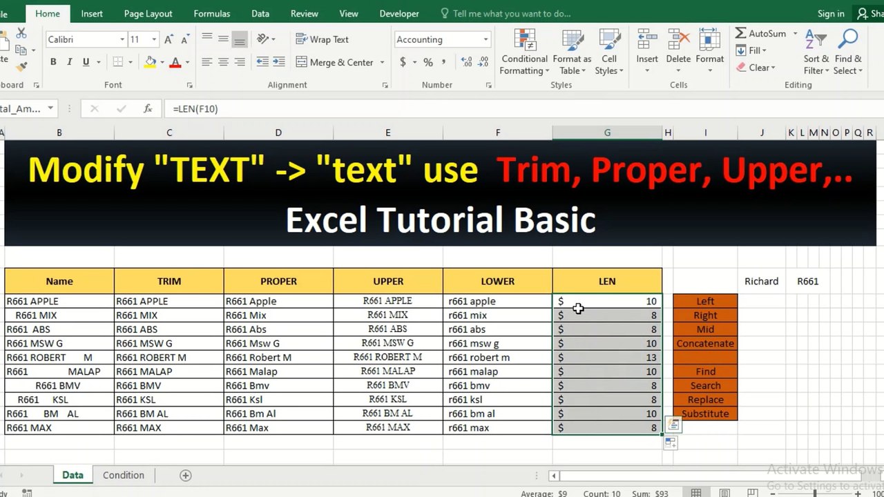 16.Excel Tutorial Basic - Modify TEXT to text use Trim Proper, Upper