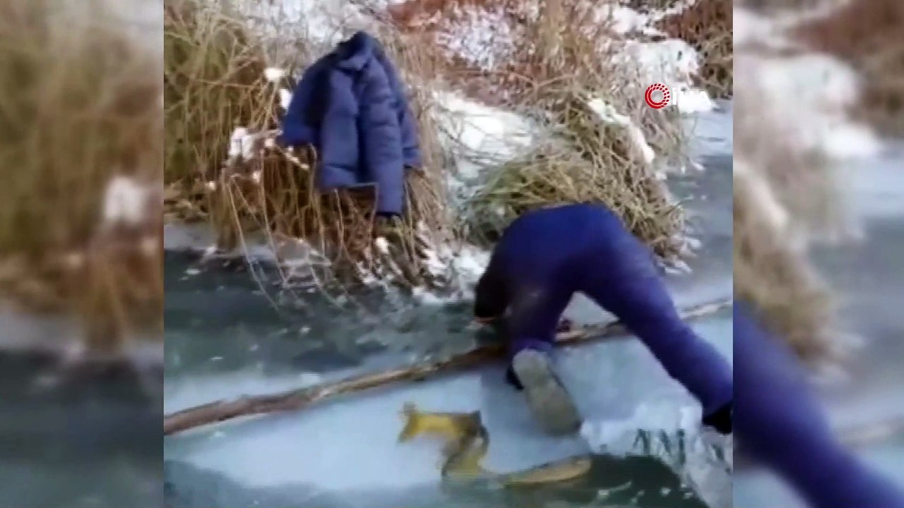 Buz tutan nehirde elleriyle balık avladılar